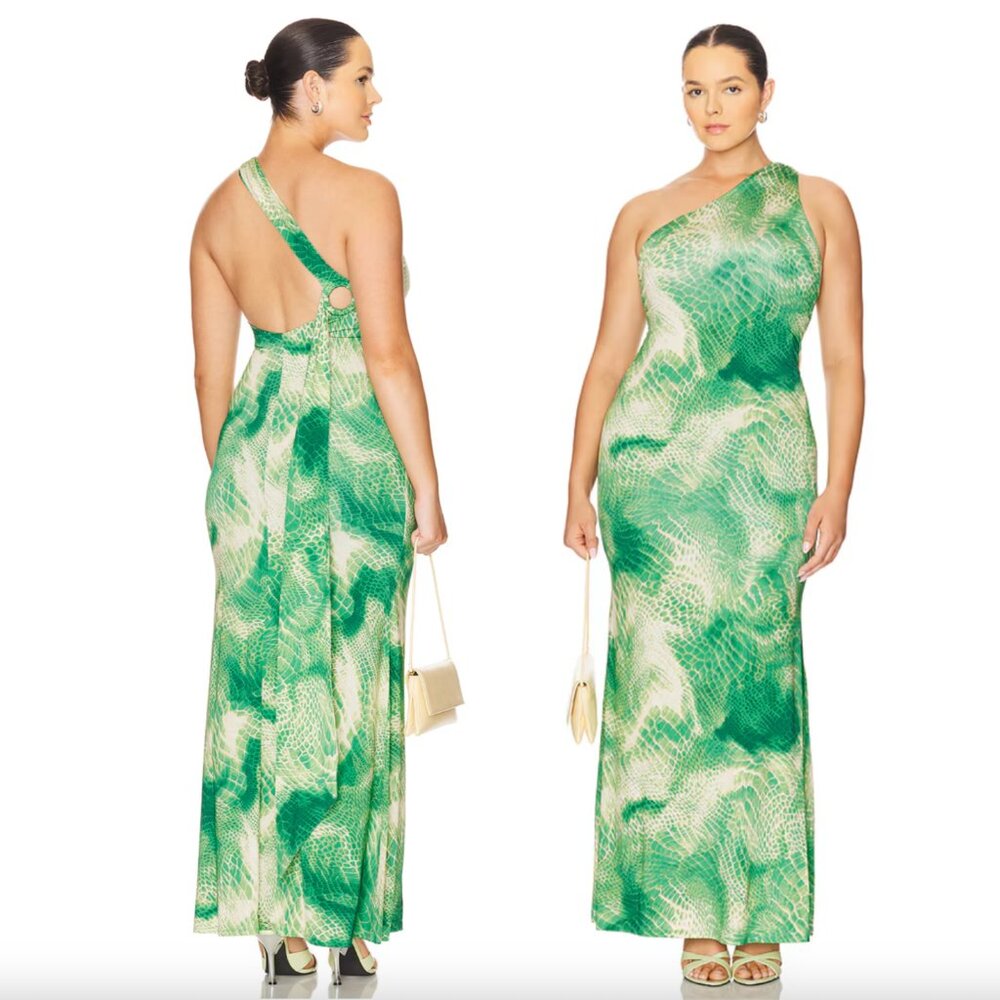 NEW AFRM Carlotta Maxi Dress in Green Snake Print White One Shoulder Summer Gown